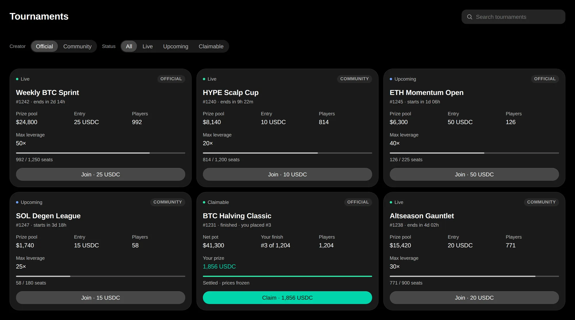 The tournaments list: open leagues with entry fee, prize pool, players and time remaining.
